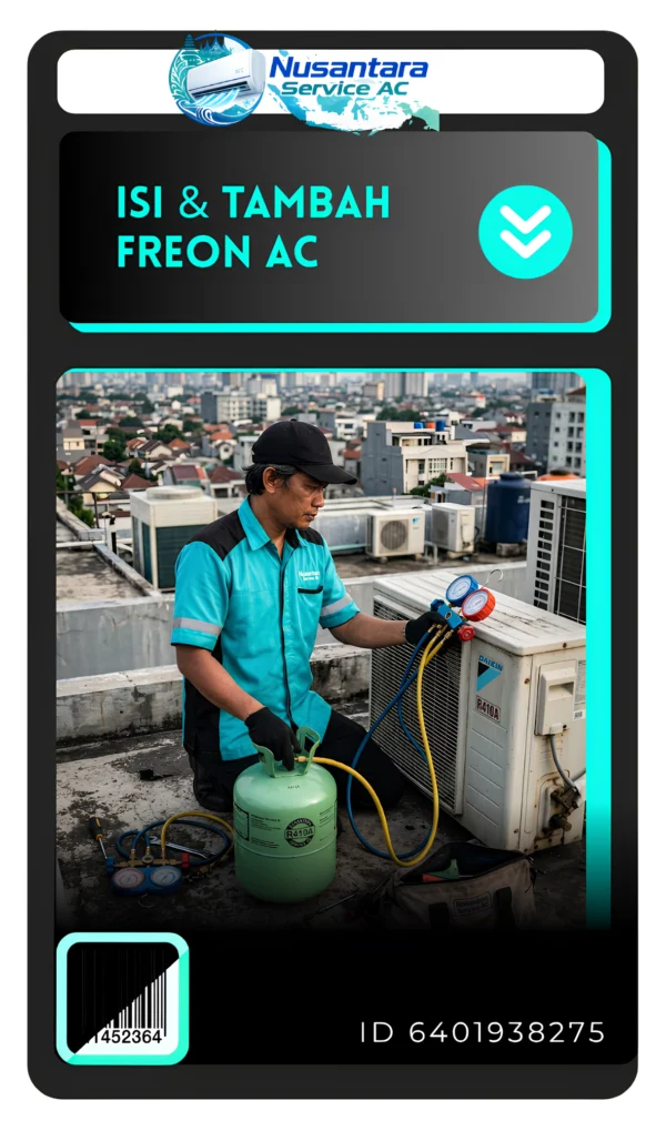 Proses Pengisian Freon AC untuk memperbaiki aliran udara oleh teknisi AC Nusantara Service AC