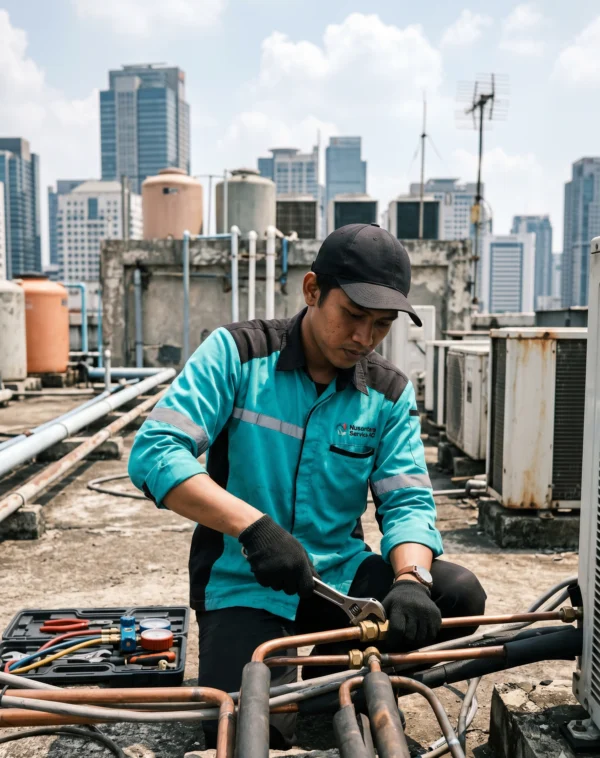 teknisi service ac sedang memperbaiki pipa ac di area jakarta