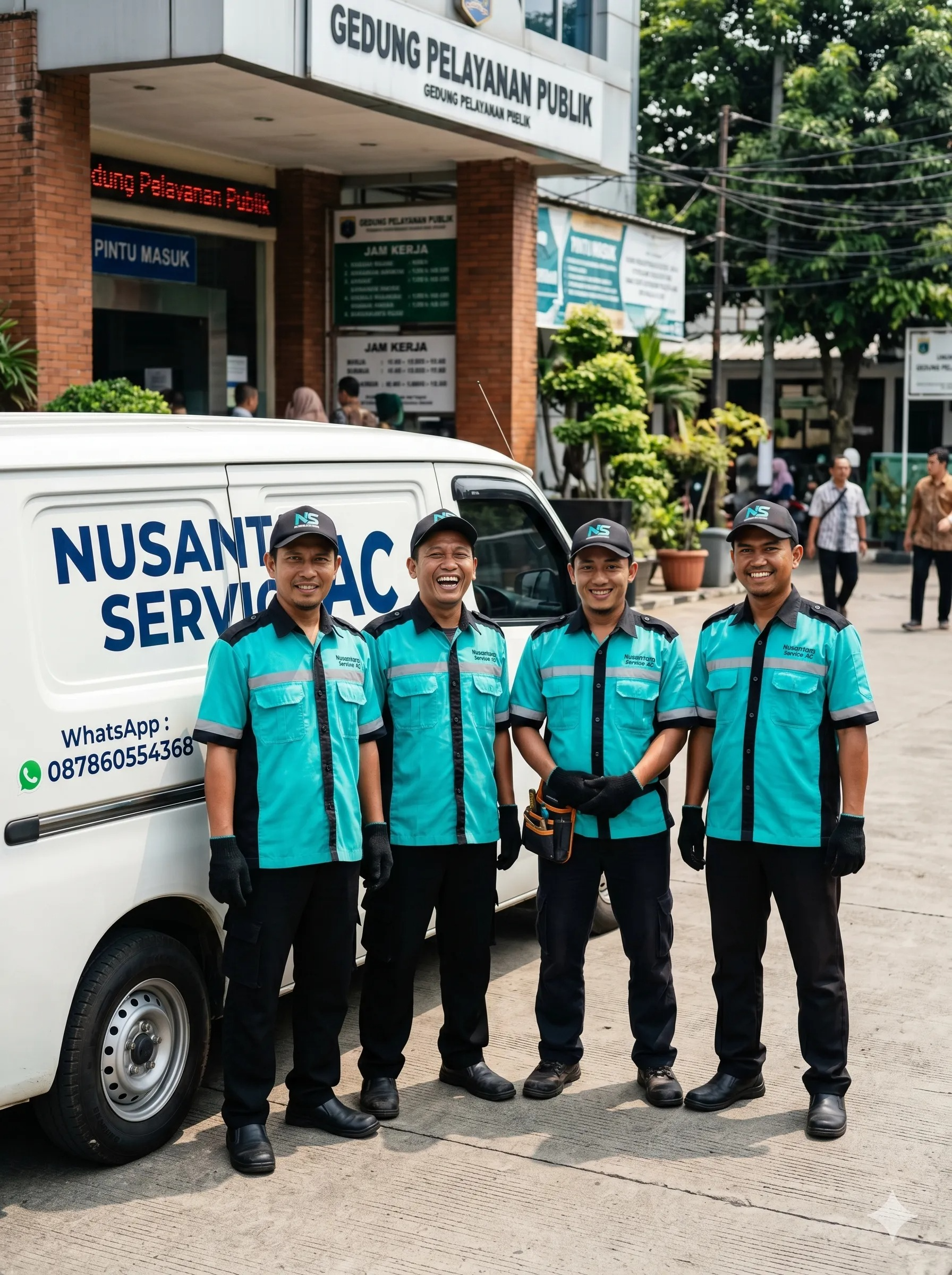 4 orang teknisi nusantara service ac sedang berfoto bersama di area depok