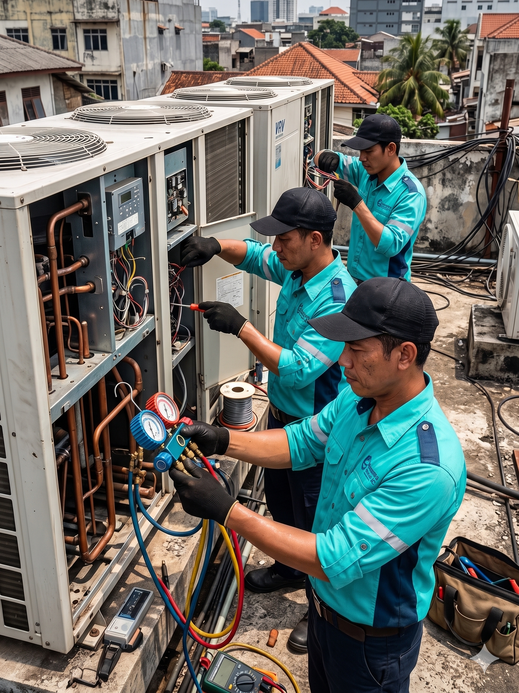 beberapa teknisi dari nusantara service ac sedang memperbaiki ac di atap gedung