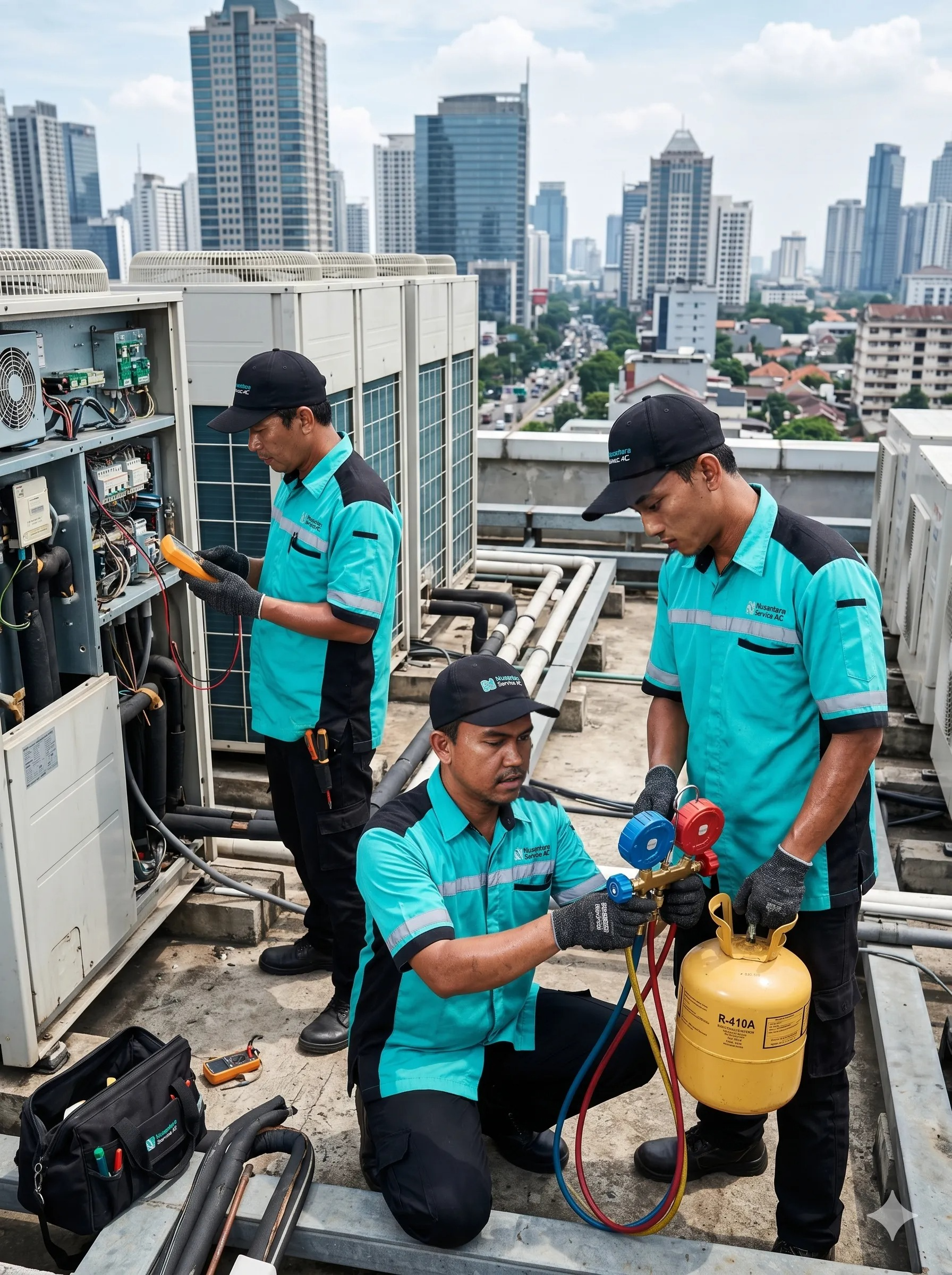 beberapa teknisi nusantara service ac sedang mengisi freon ac di tangerang