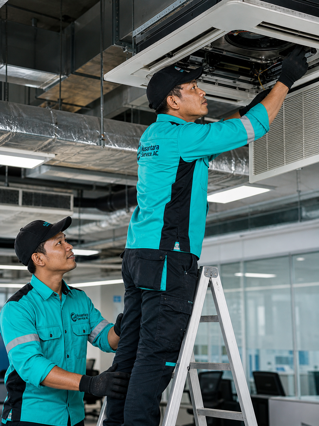 nusantara service ac sedang memperbaiki ac central di area jakarta pusat