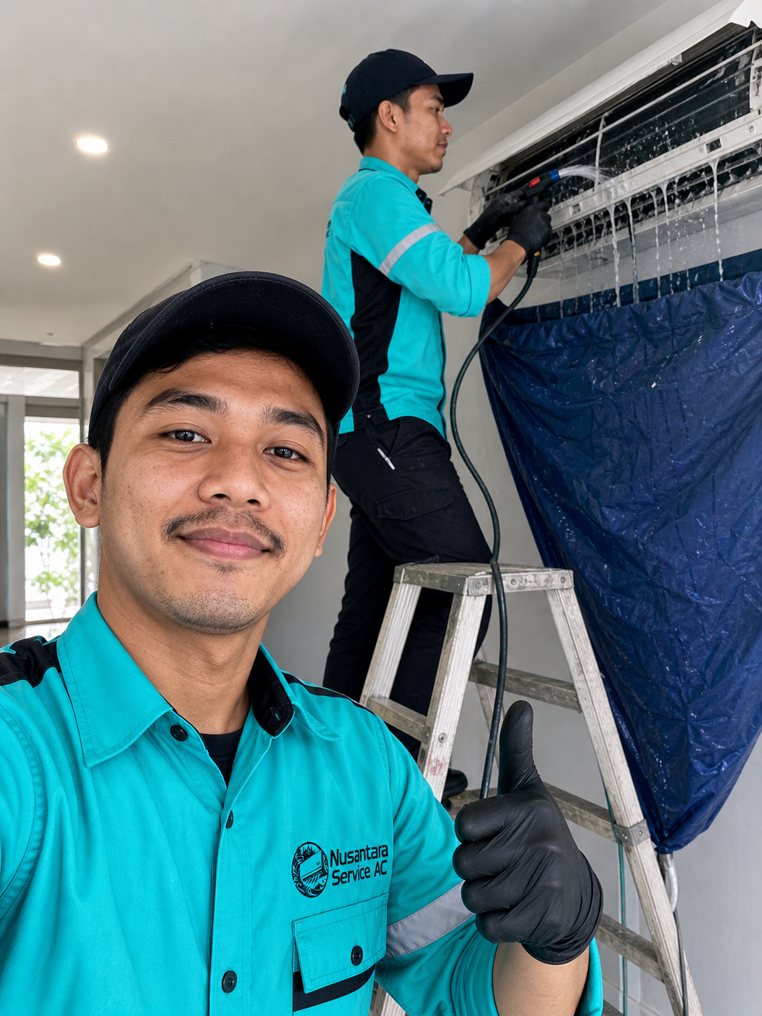 teknisi nusantara service ac sedang memoret rekan kerja saat bekerja service ac
