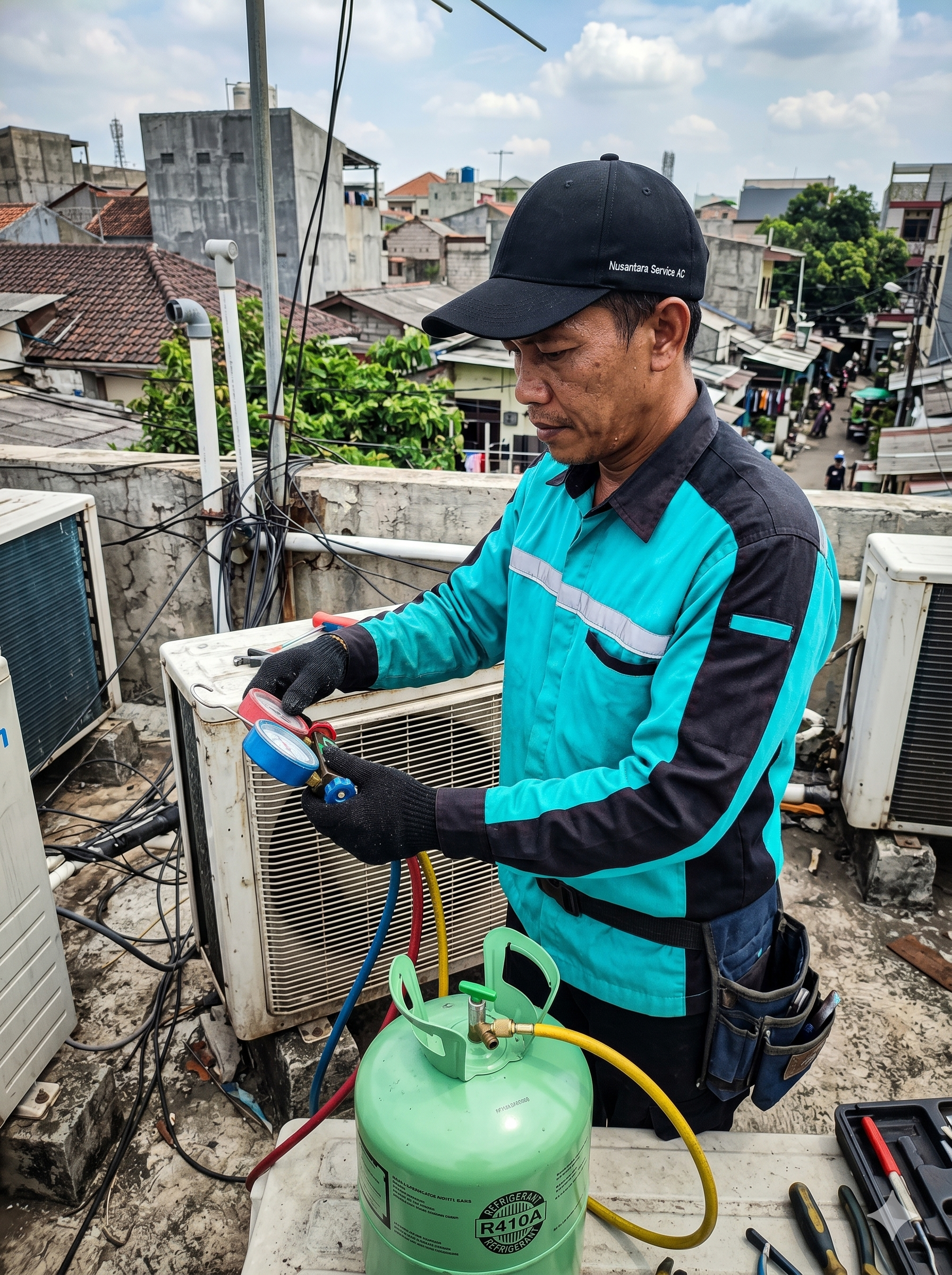teknisi nusantara service ac sedang mengisi freon ac di area jakarta barat