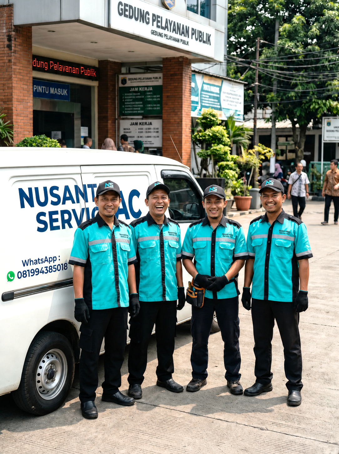 4 orang teknisi nusantara service ac sedang berfoto bersama di area depok